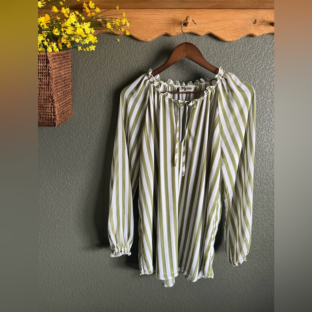 Show Me Your MuMu Green & White Striped Sheer Blouse